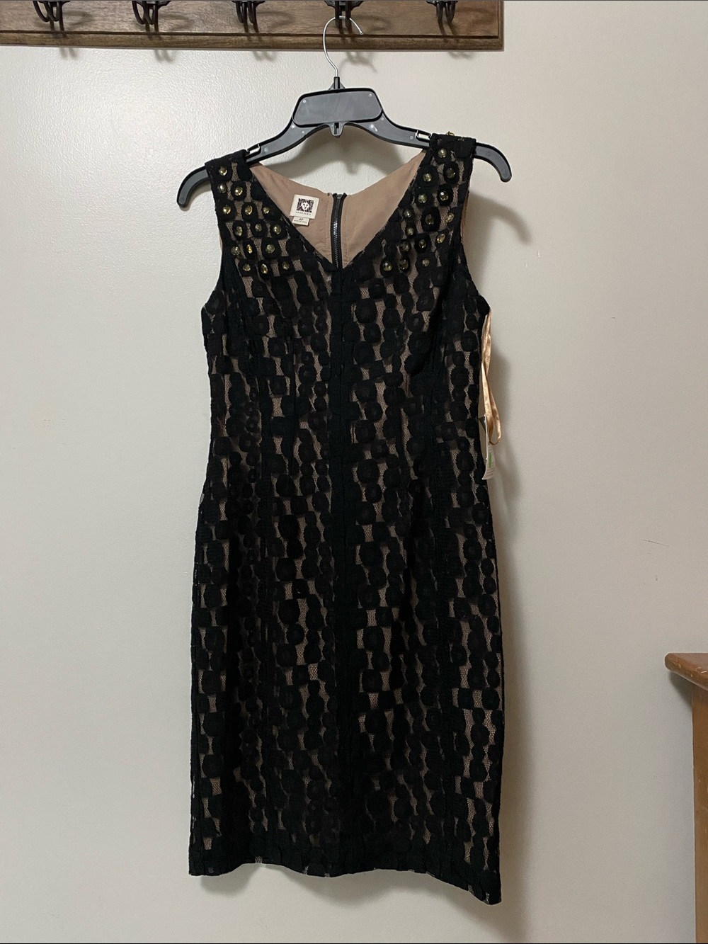 Anne Klein Black Lace Overlay Midi Dress with Nude Underlayer